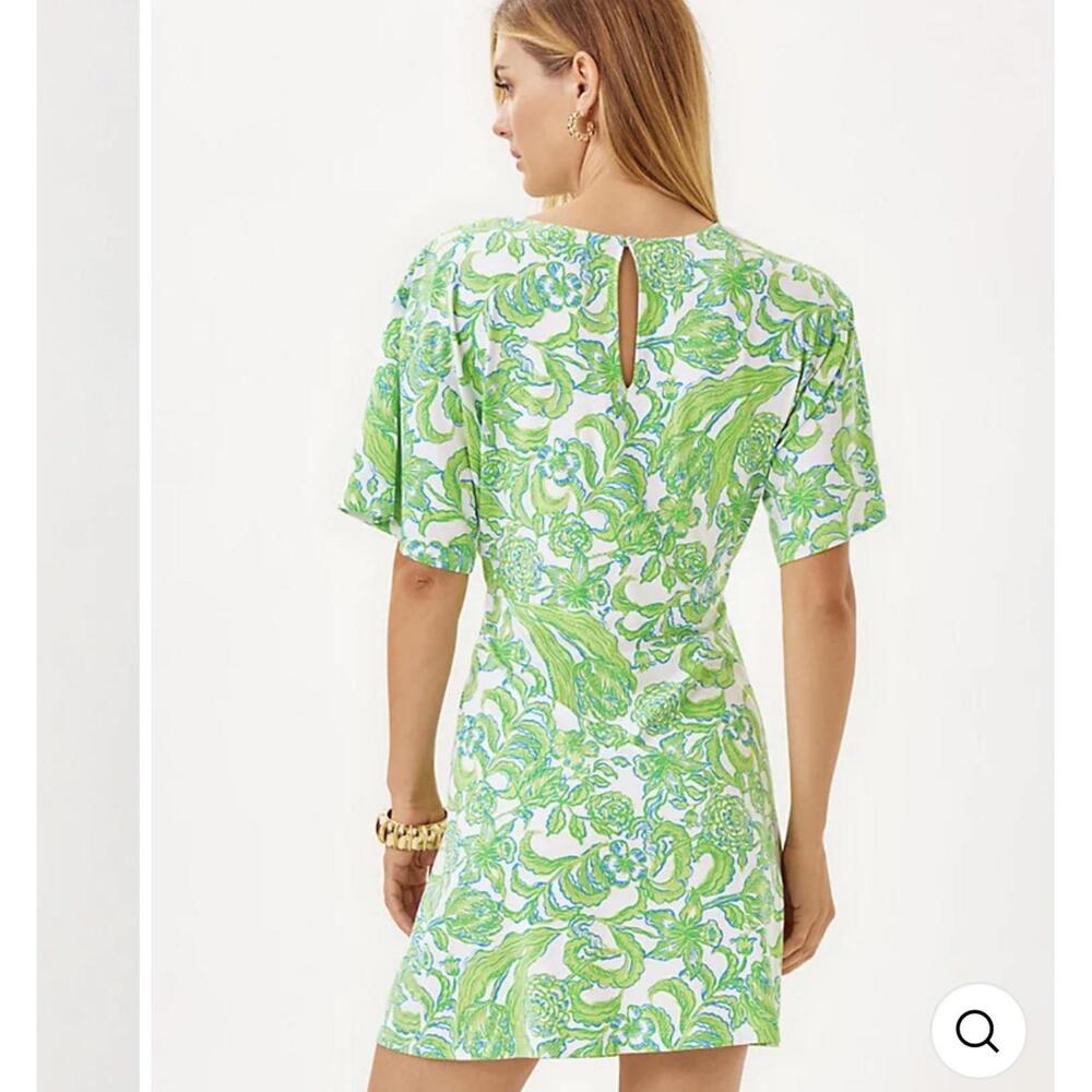Lilly Pulitzer Short Sleeve Green and White Floral Print Dress with Side Tie - Picture 2 of 11
